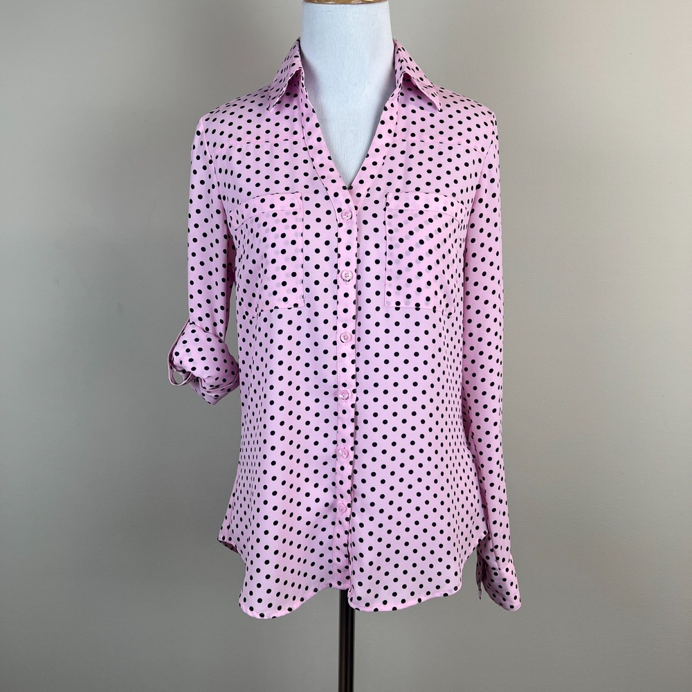 Express Portofino Shirt‎ Women XS Pink Black Polka Dot Slim Fit Button Up Preppy